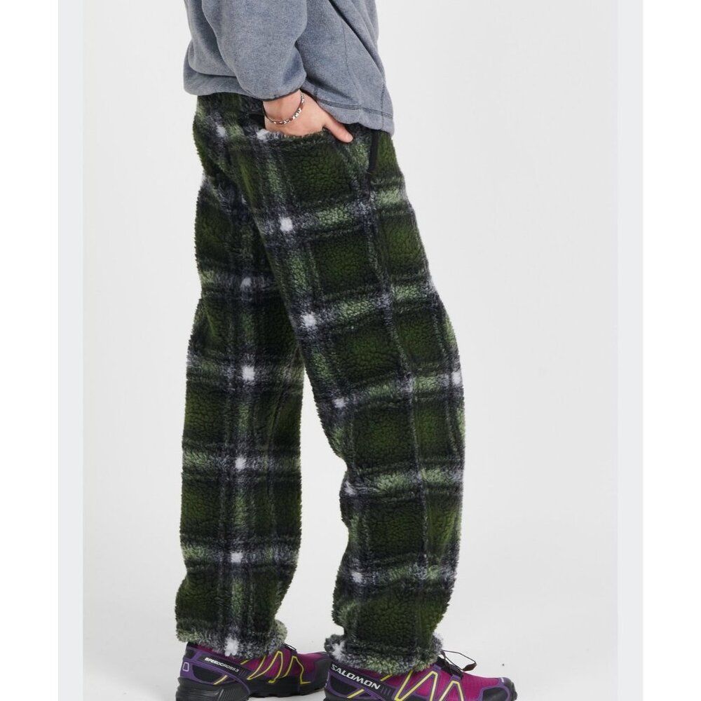 Gramicci Shadow Plaid Sherpa Fleece Pants Joggers UNISEX Medium Green NWT